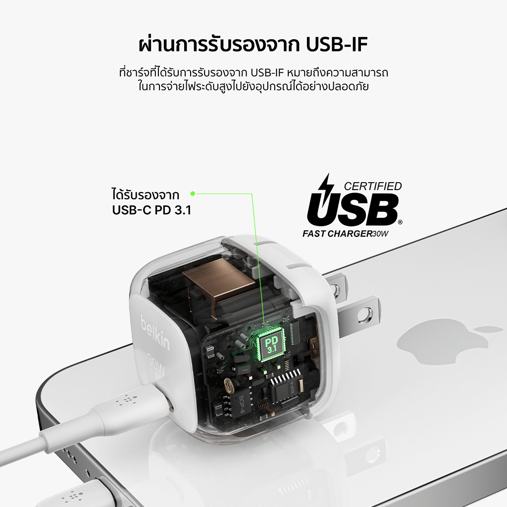 หัวชาร์จ BELKIN WCA008 พอร์ต USB-C กำลังไฟ 30W สีขาว_3