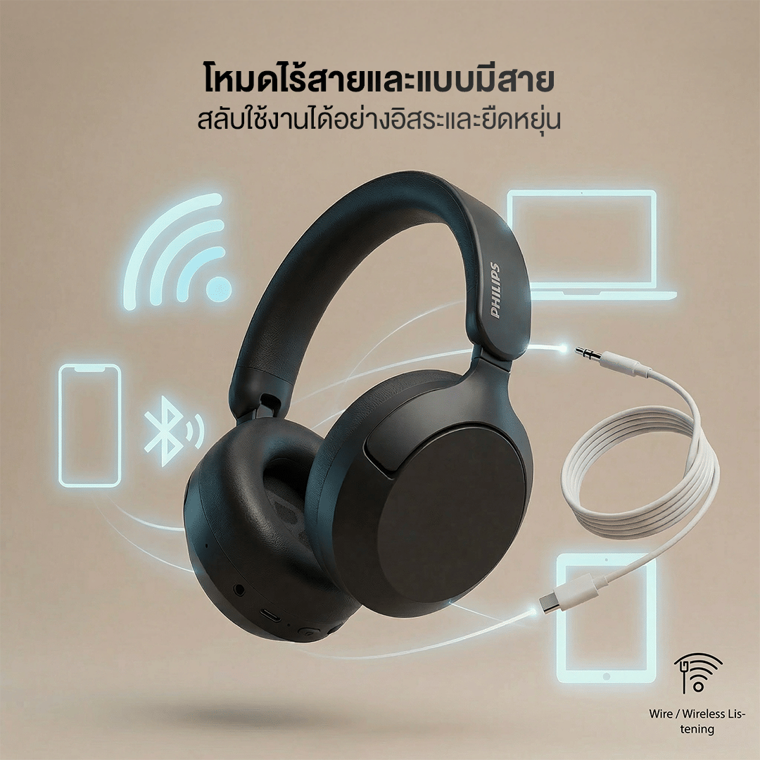 หูฟังไร้สาย PHILIPS TAH6000 แบบครอบหู เบสหนัก เสียง HI-RES แบตเตอรี่ 80 ชม. สีดำ_3