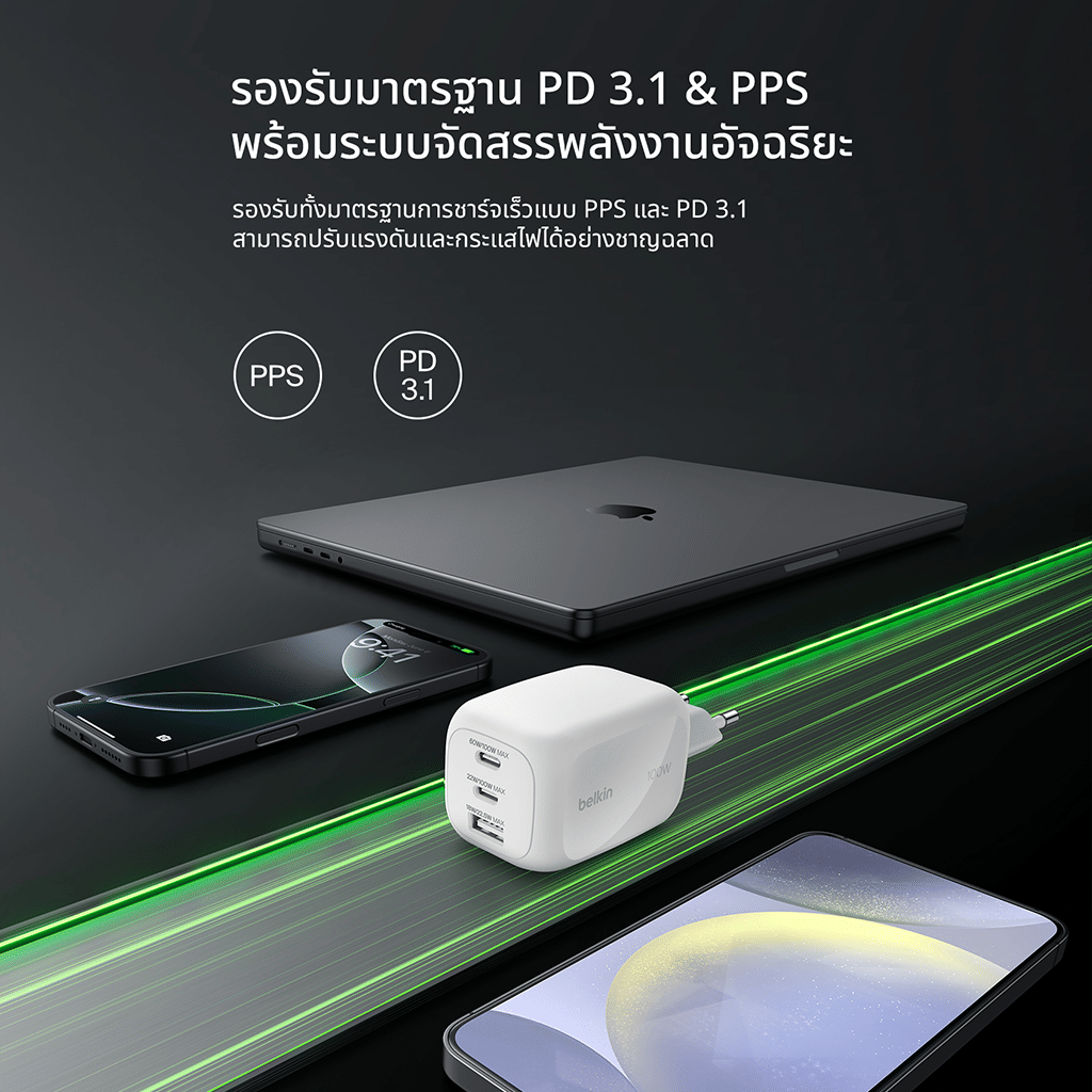 หัวชาร์จเร็ว BELKIN WCH016 เทคโนโลยี GAN 100W 3 พอร์ต (USB-C/USB-A) สีขาว_4