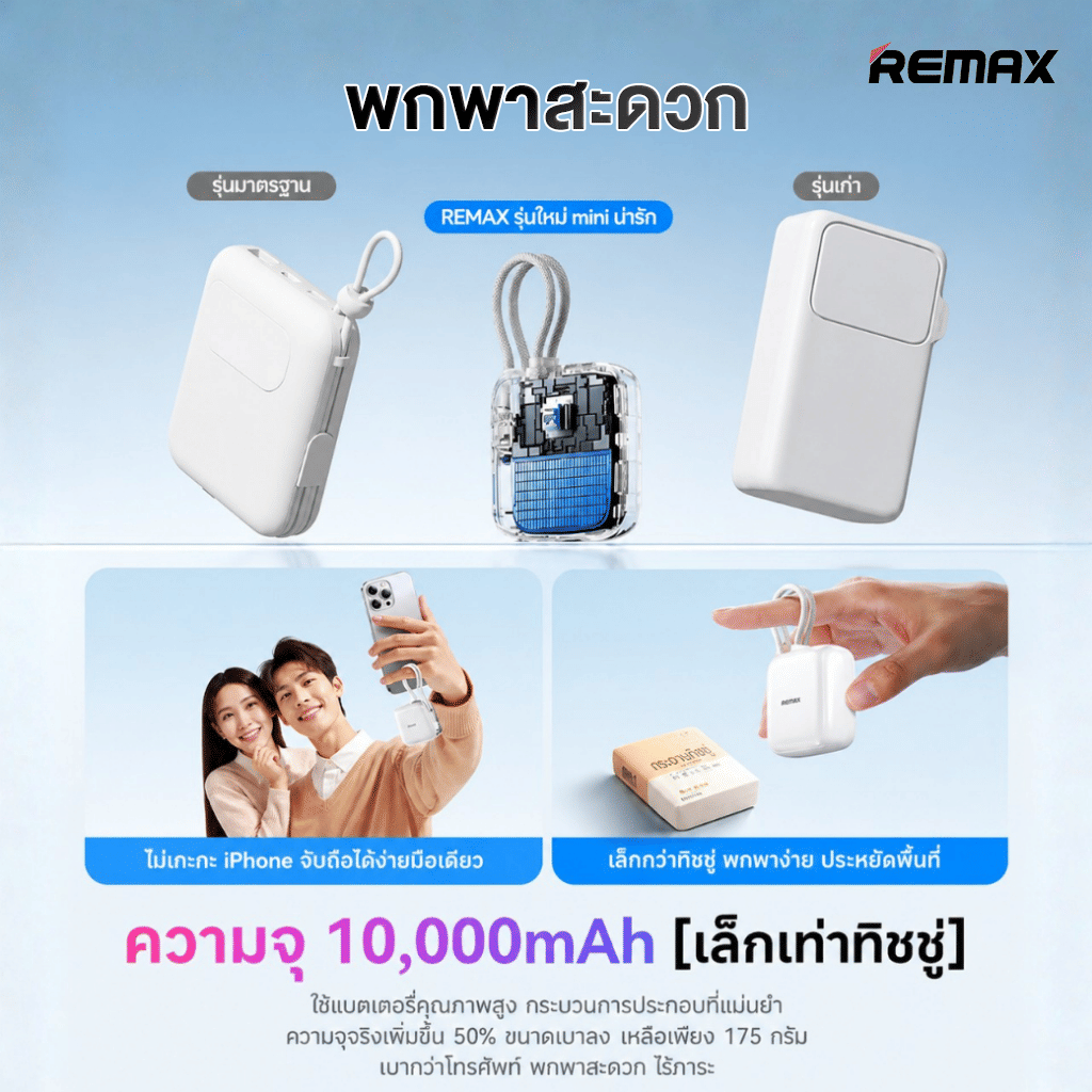 แบตเตอรี่สำรอง REMAX FP-60 10000MAH ชาร์จเร็ว 22.5W รองรับ CCC สายชาร์จในตัว สีดำ_5