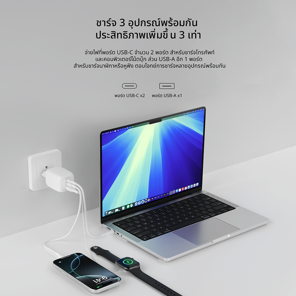 หัวชาร์จเร็ว BELKIN WCH016 เทคโนโลยี GAN 100W 3 พอร์ต (USB-C/USB-A) สีขาว_5