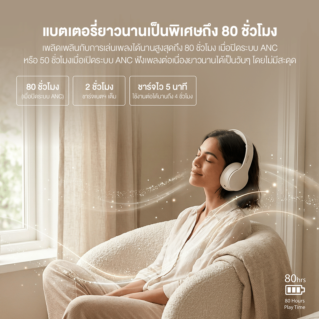 หูฟังไร้สาย PHILIPS TAH6000 แบบครอบหู เบสหนัก เสียง HI-RES แบตเตอรี่ 80 ชม. สีดำ_5
