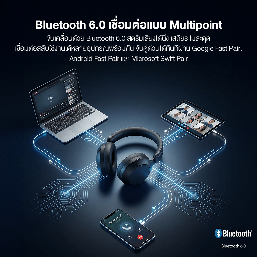 หูฟังไร้สาย PHILIPS TAH6000 แบบครอบหู เบสหนัก เสียง HI-RES แบตเตอรี่ 80 ชม. สีดำ_8