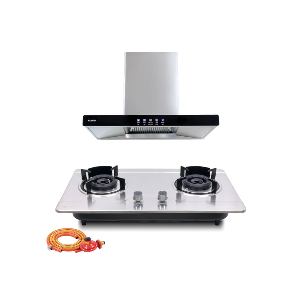 ชุดเซต เครื่องดูดควัน + เตาแก๊สฝัง 2 หัว KASHIWA PSD-203D + Q-5001 +สายปรับแรงดันต่ำ_0