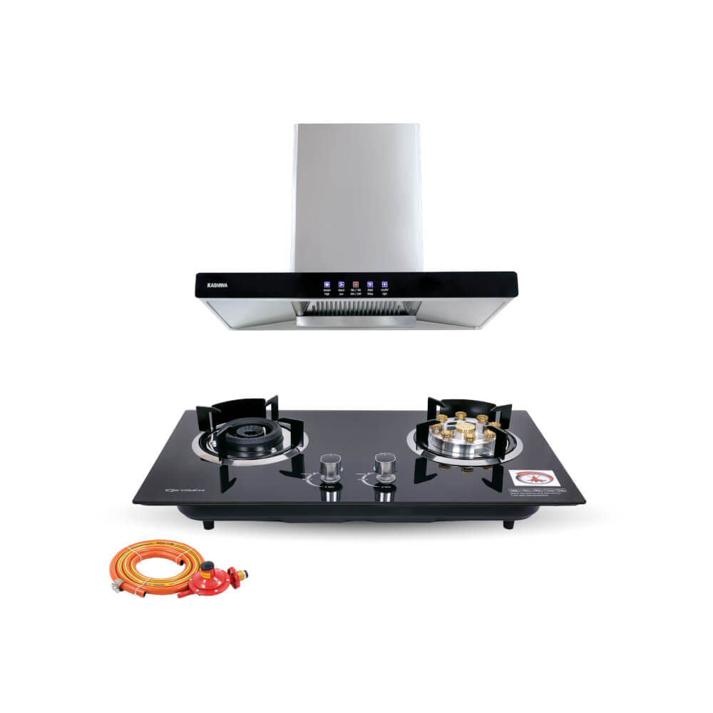 ชุดเซต เครื่องดูดควัน + เตาแก๊สฝัง 2 หัว KASHIWA PSD-203D + X-5600 +สายปรับแรงดันต่ำ_0