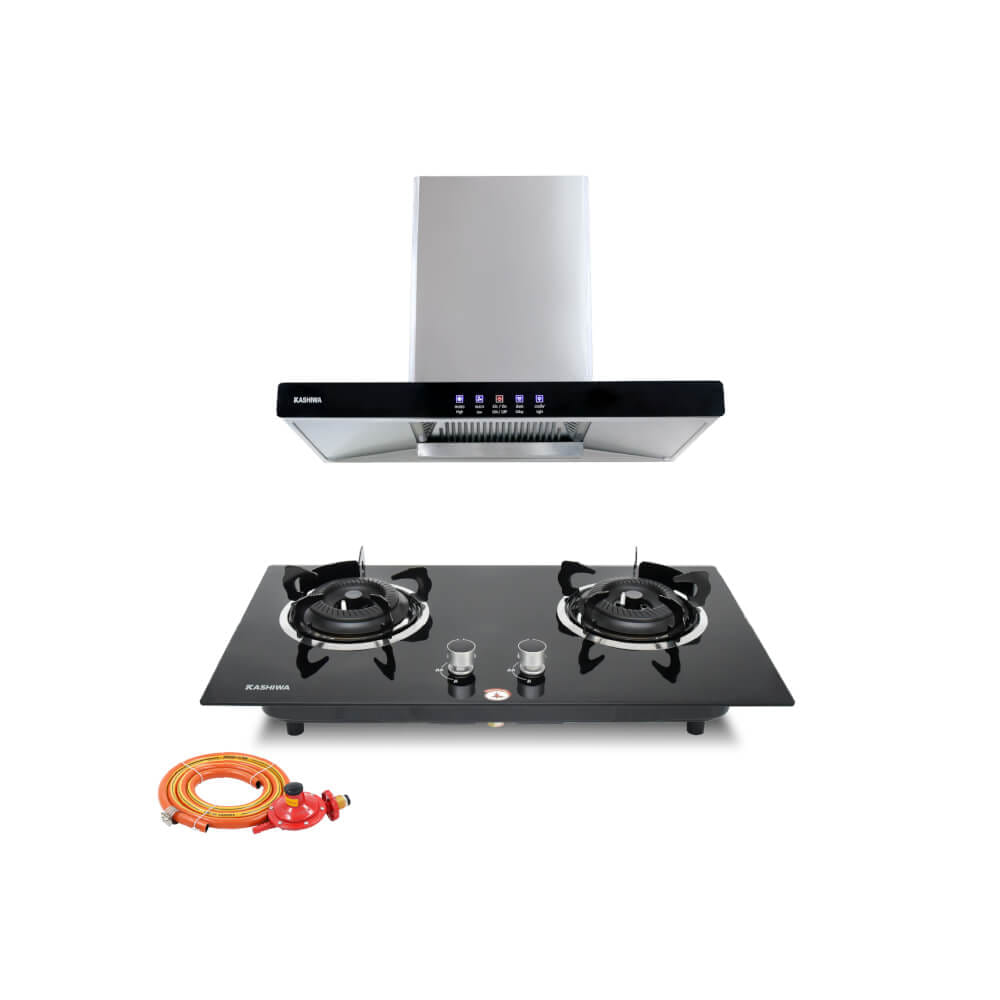 ชุดเซต เครื่องดูดควัน + เตาแก๊สฝัง 2 หัว KASHIWA PSD-203D + X-5000 +สายปรับแรงดันต่ำ_0