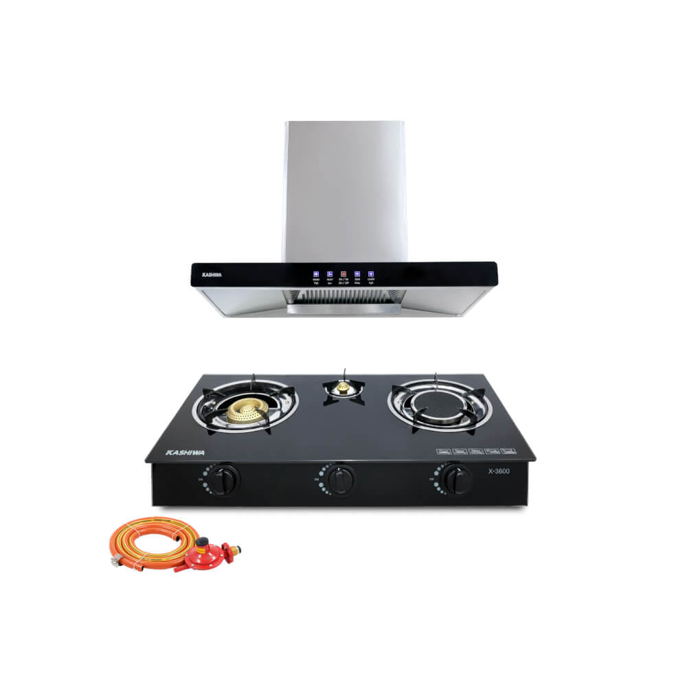 ชุดเซต เครื่องดูดควัน + เตาแก๊สฝัง 3 หัว KASHIWA PSD-203D + X-3600-A +สายปรับแรงดันต่ำ_0