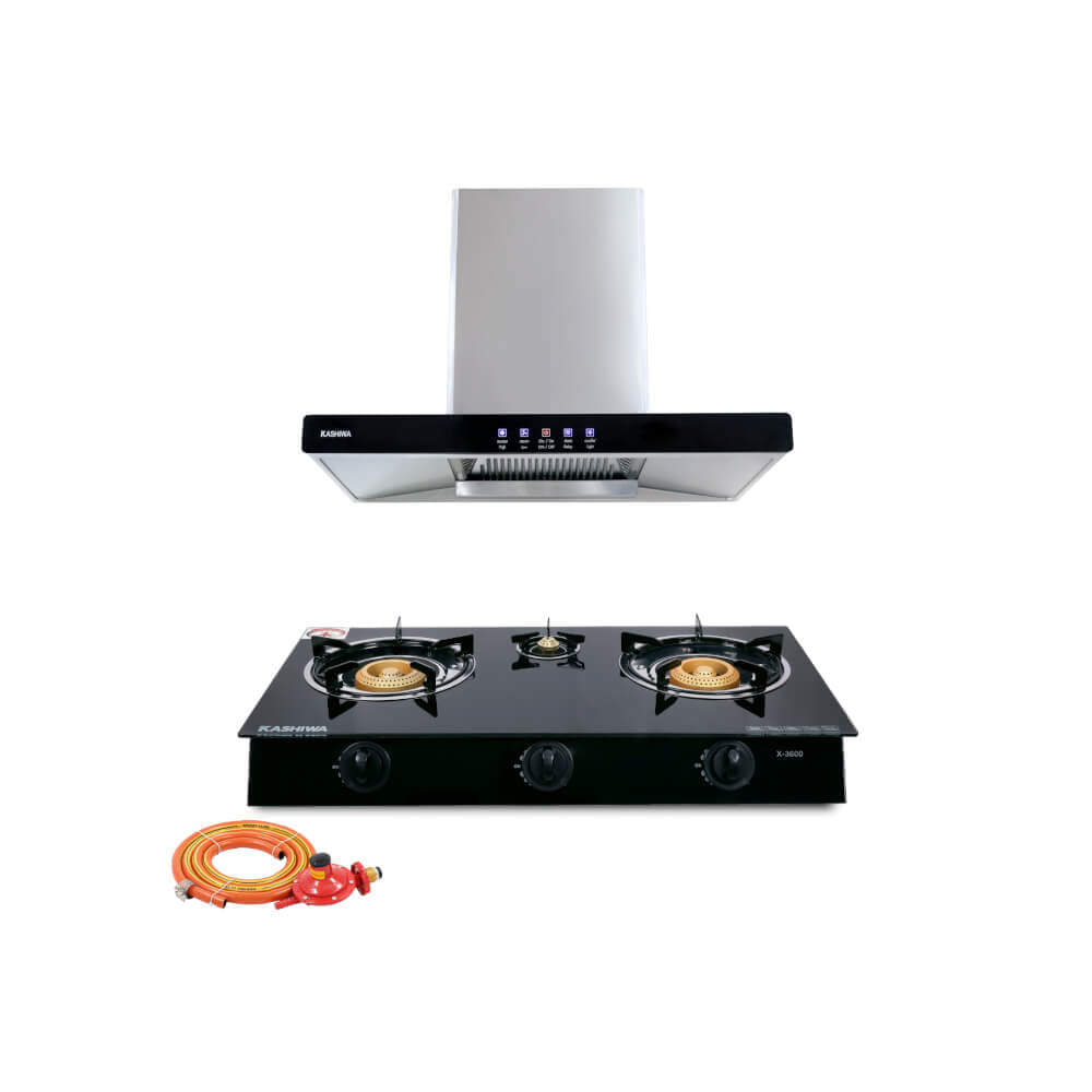 ชุดเซต เครื่องดูดควัน + เตาแก๊สฝัง 3 หัว KASHIWA PSD-203D + X-3600-B +สายปรับแรงดันต่ำ_0