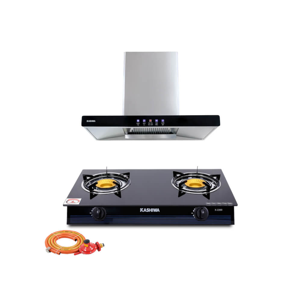 ชุดเซต เครื่องดูดควัน + เตาแก๊ส 2หัว KASHIWA PSD-203D + X-2200 +สายปรับแรงดันต่ำ_0