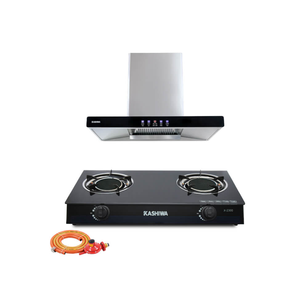 ชุดเซต เครื่องดูดควัน + เตาแก๊ส 2หัว KASHIWA PSD-203D + X-2300 +สายปรับแรงดันต่ำ_0