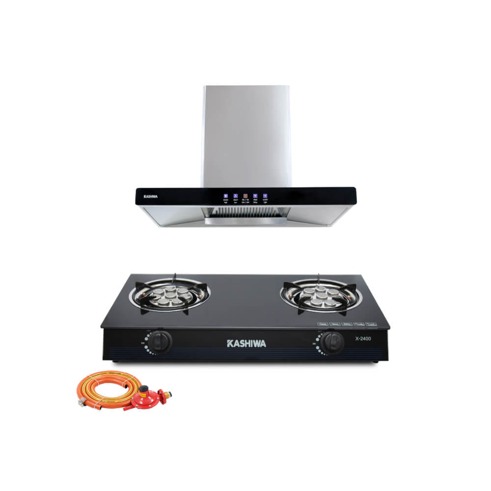 ชุดเซต เครื่องดูดควัน + เตาแก๊ส 2หัว KASHIWA PSD-203D + X-2400 +สายปรับแรงดันต่ำ_0