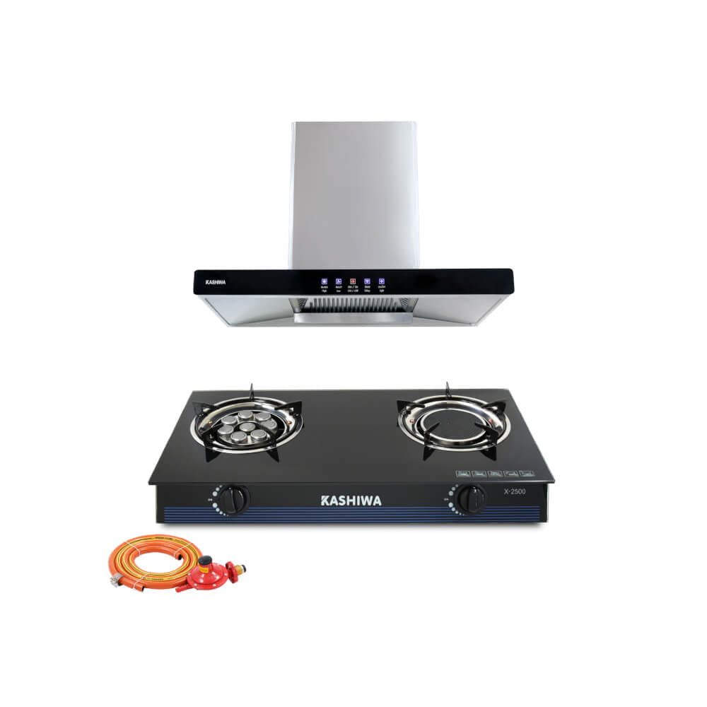 ชุดเซต เครื่องดูดควัน + เตาแก๊ส 2หัว KASHIWA PSD-203D + X-2500 +สายปรับแรงดันต่ำ_0