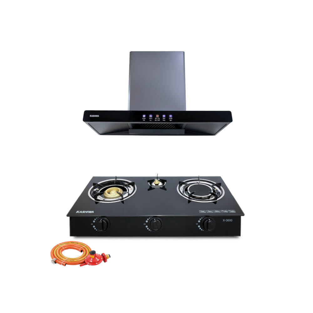 ชุดเซต เครื่องดูดควัน + เตาแก๊ส 3หัว KASHIWA PSD-204D + X-3600-A  +สายปรับแรงดันต่ำ_0