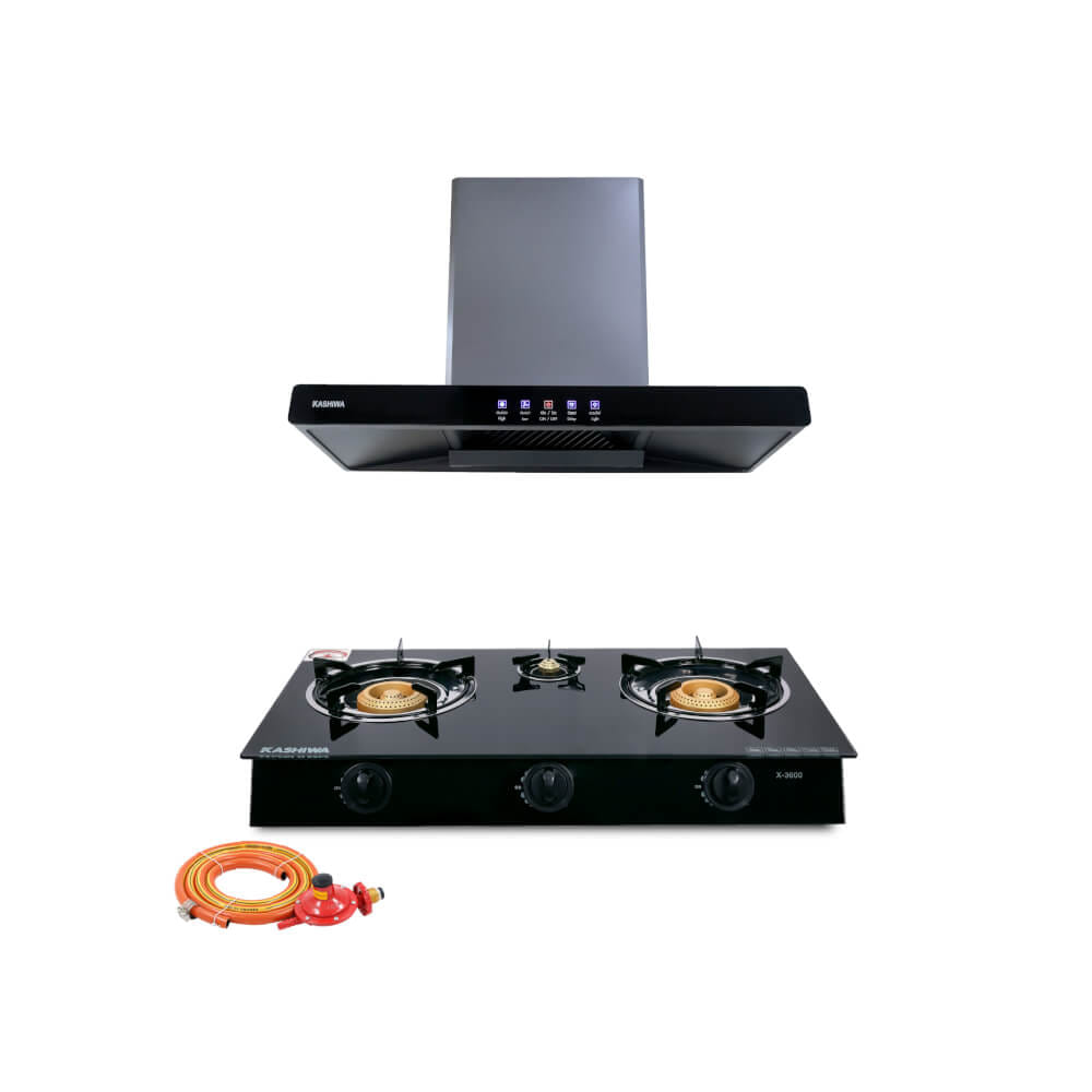 ชุดเซต เครื่องดูดควัน + เตาแก๊ส 3หัว KASHIWA PSD-204D + X-3600-B +สายปรับแรงดันต่ำ_0