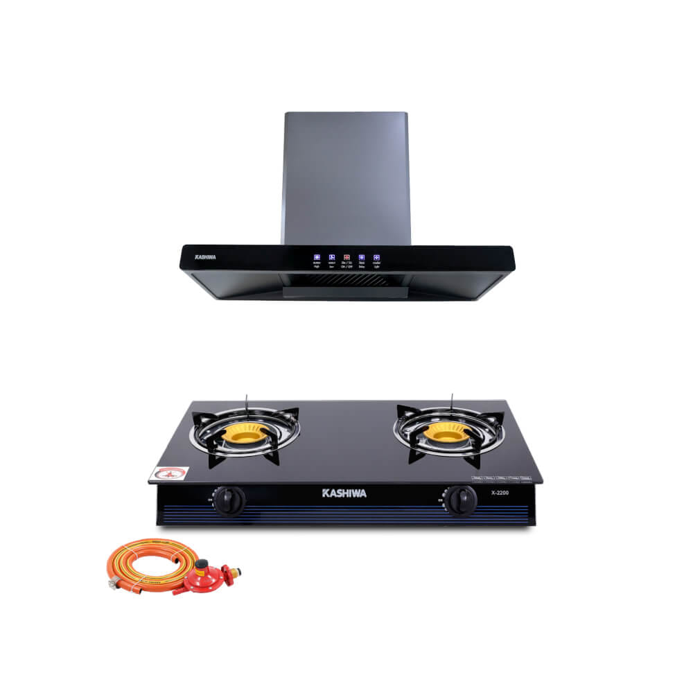 ชุดเซต เครื่องดูดควัน + เตาแก๊ส 2หัว KASHIWA PSD-204D + X-2200 +สายปรับแรงดันต่ำ_0