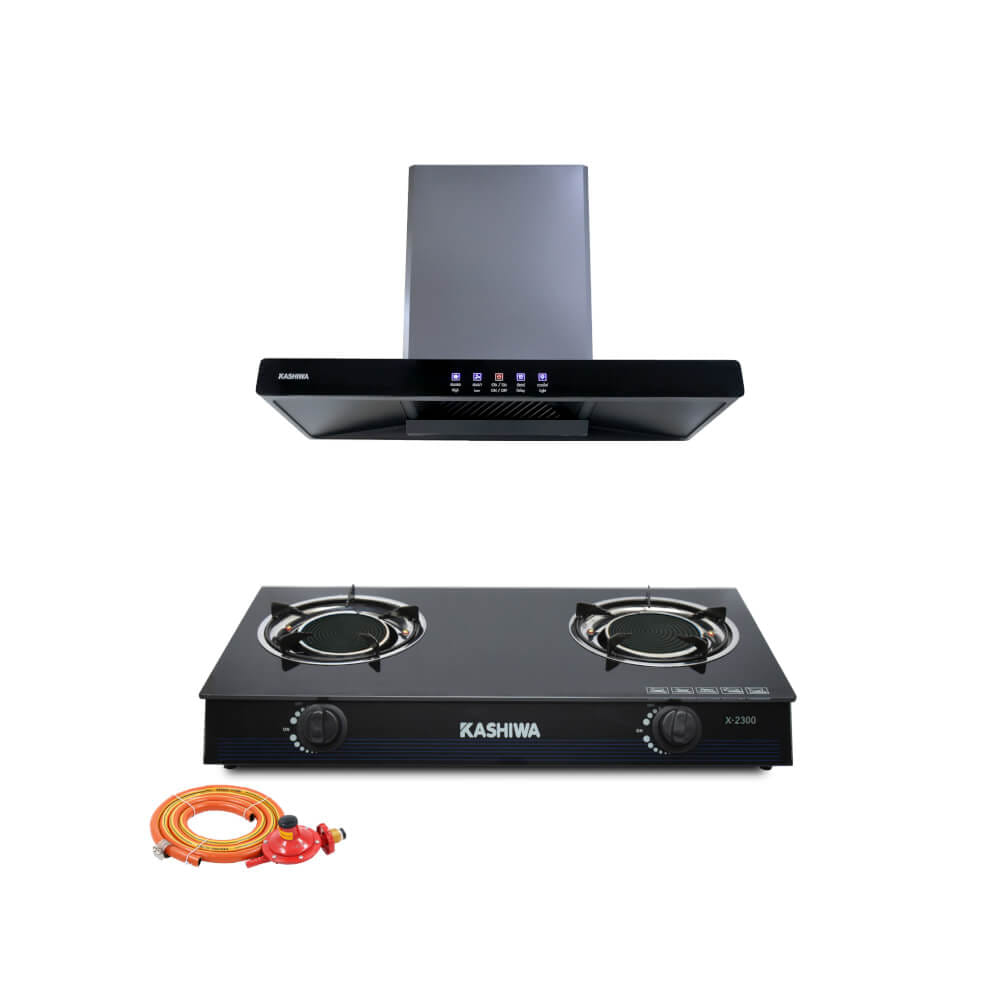 ชุดเซต เครื่องดูดควัน + เตาแก๊ส 2หัว KASHIWA PSD-204D + X-2300 +สายปรับแรงดันต่ำ_0