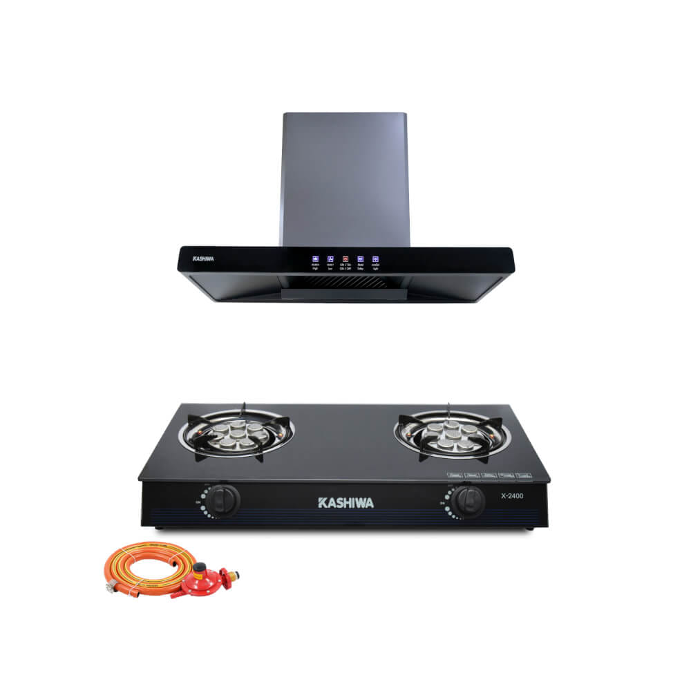 ชุดเซต เครื่องดูดควัน + เตาแก๊ส 2หัว KASHIWA PSD-204D + X-2400 +สายปรับแรงดันต่ำ_0