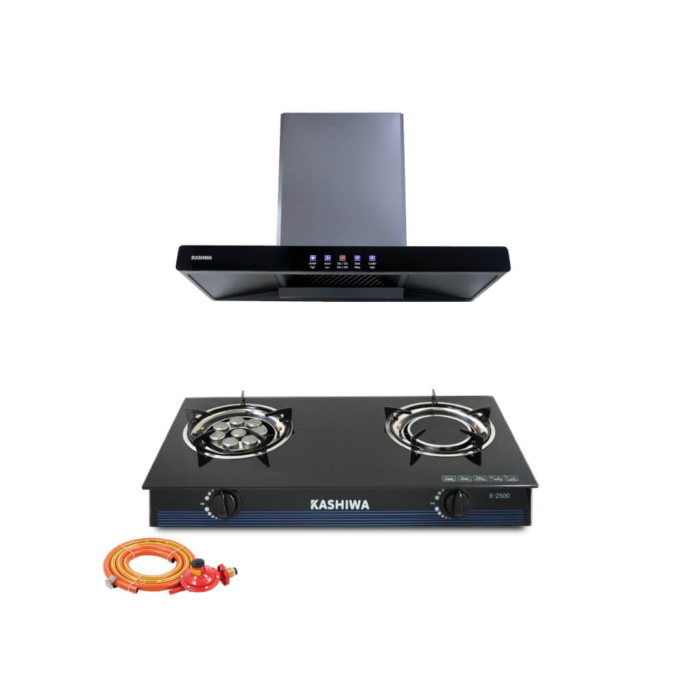 ชุดเซต เครื่องดูดควัน + เตาแก๊ส 2หัว KASHIWA PSD-204D + X-2500 +สายปรับแรงดันต่ำ_0