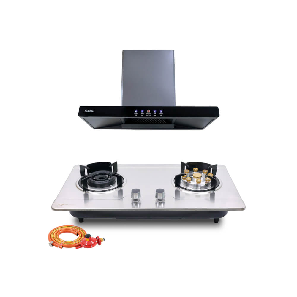 ชุดเซต เครื่องดูดควัน + เตาแก๊สฝัง 2 หัว KASHIWA PSD-204D + Q-5006 +สายปรับแรงดันต่ำ_0