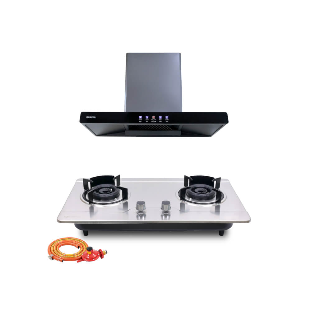 ชุดเซต เครื่องดูดควัน + เตาแก๊สฝัง 2 หัว KASHIWA PSD-204D + Q-5001 +สายปรับแรงดันต่ำ_0