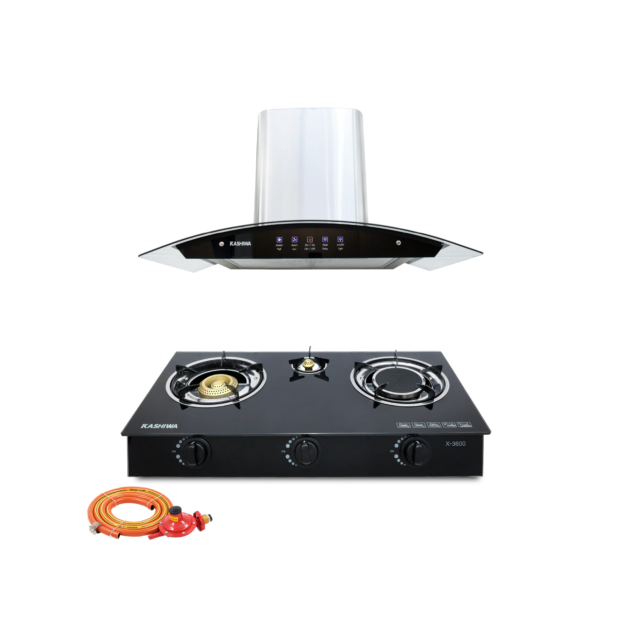 ชุดเซต เครื่องดูดควัน + เตาแก๊ส 3หัว KASHIWA PSD-308H + X-3600-A +สายปรับแรงดันต่ำ