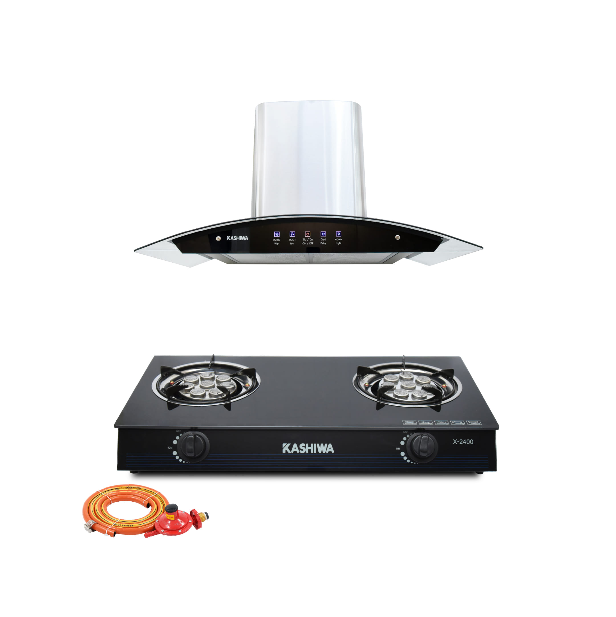 ชุดเซต เครื่องดูดควัน + เตาแก๊ส 2หัว KASHIWA PSD-308H + X-2400 +สายปรับแรงดันต่ำ