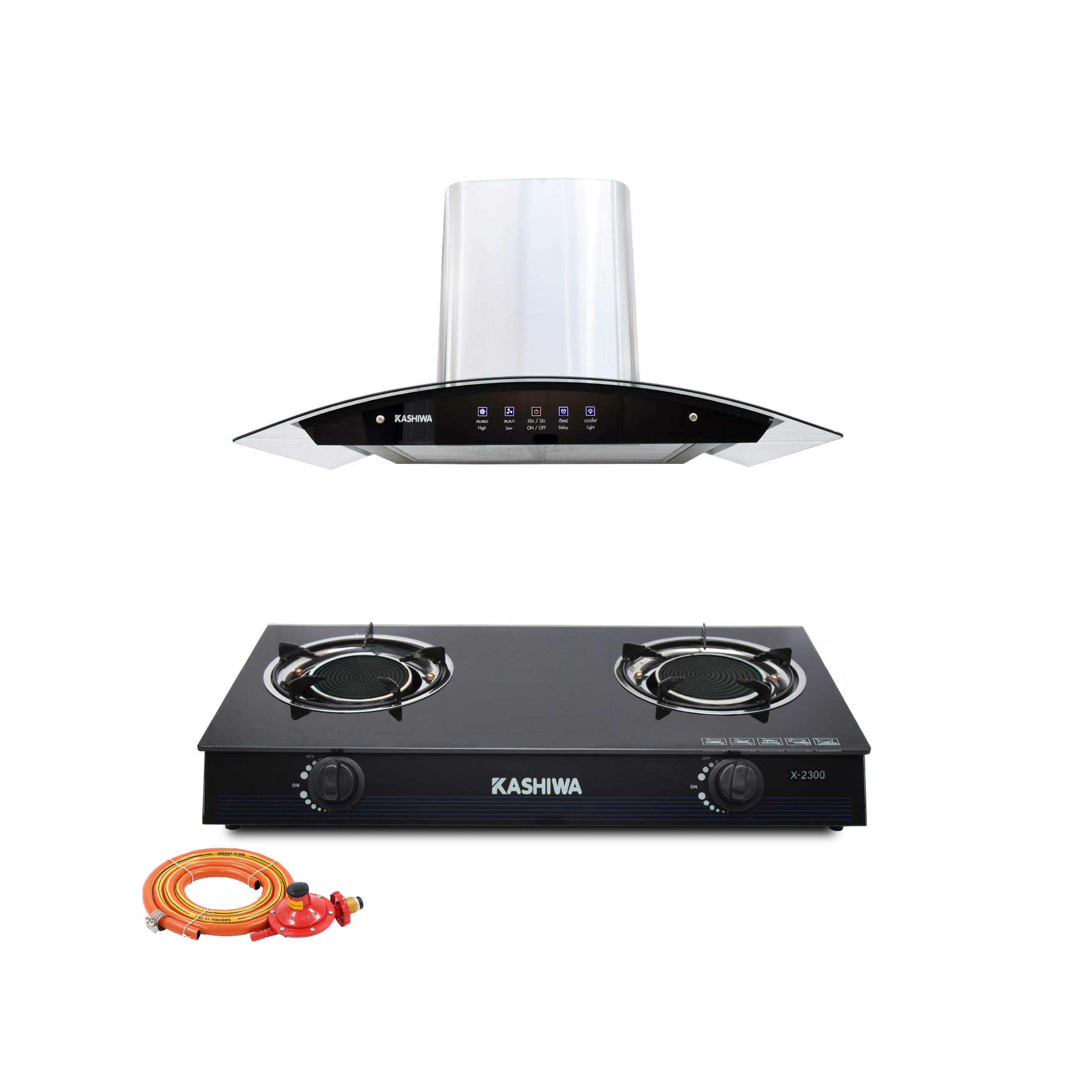ชุดเซต เครื่องดูดควัน + เตาแก๊ส 2หัว KASHIWA PSD-308H + X-2300 +สายปรับแรงดันต่ำ