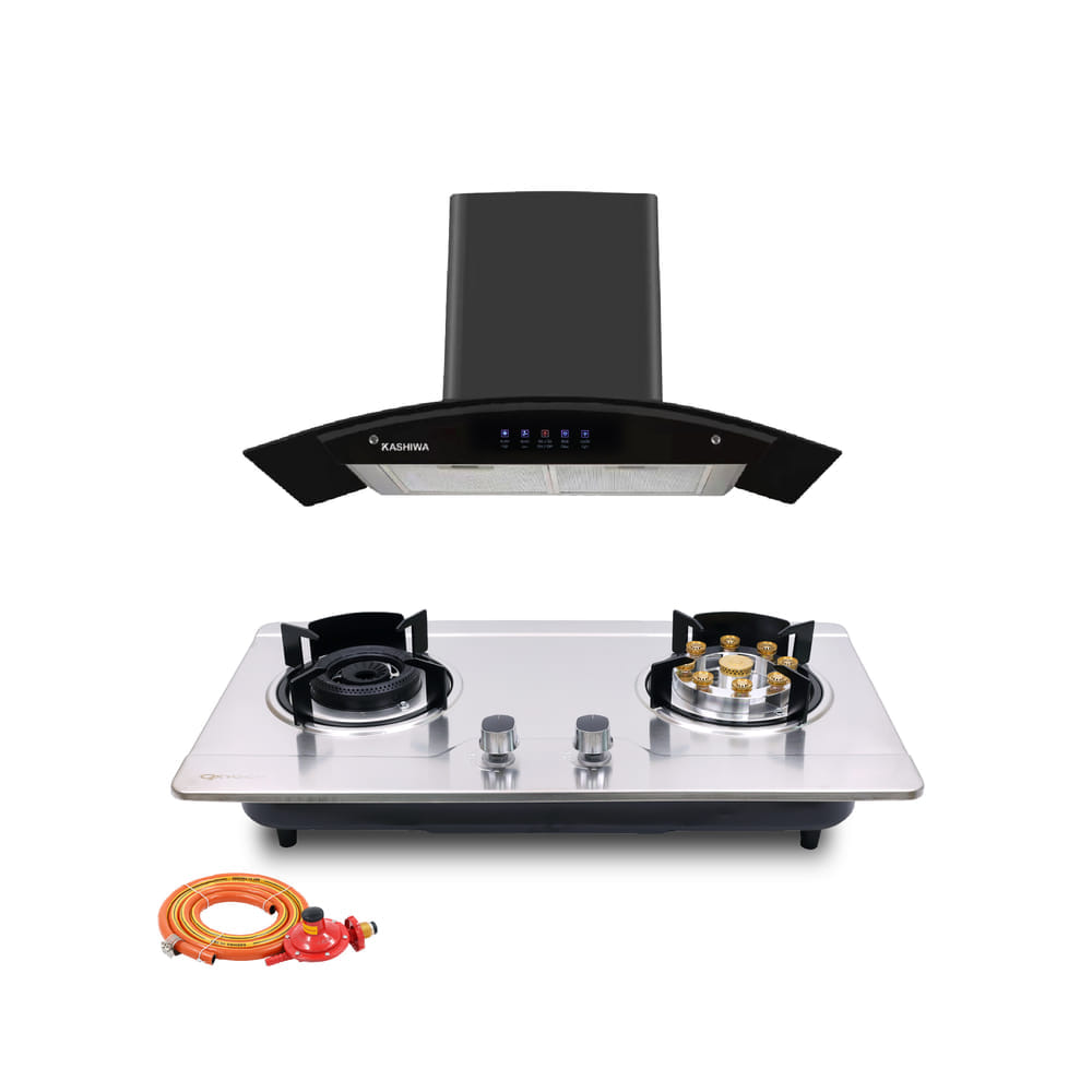 ชุดเซต เครื่องดูดควัน + เตาแก๊สฝัง 2 หัว KASHIWA PSD-309H+ Q-5006+สายปรับแรงดันต่ำ
