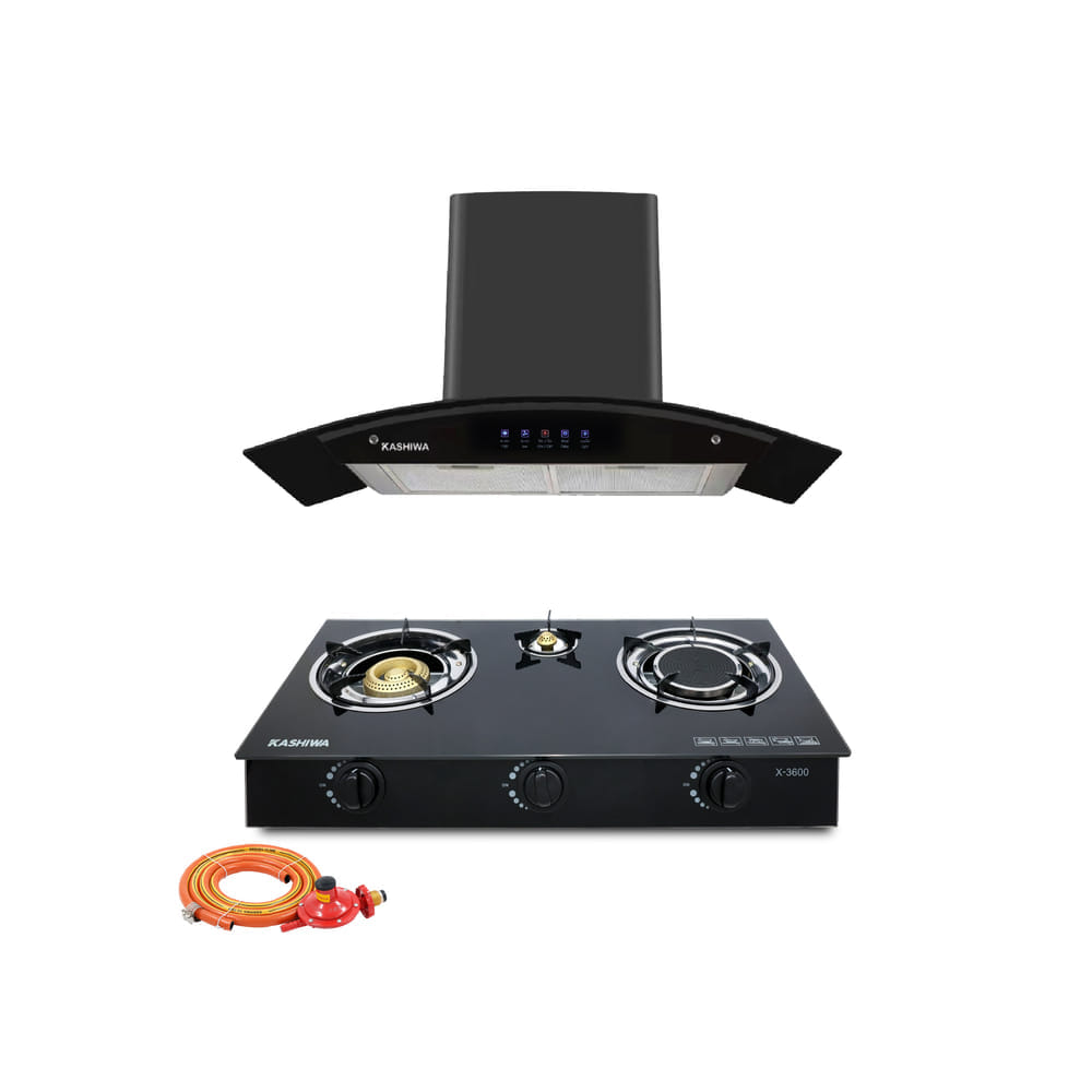 ชุดเซต เครื่องดูดควัน + เตาแก๊ส 3 หัว KASHIWA PSD-309H + X-3600-A +สายปรับแรงดันต่ำ