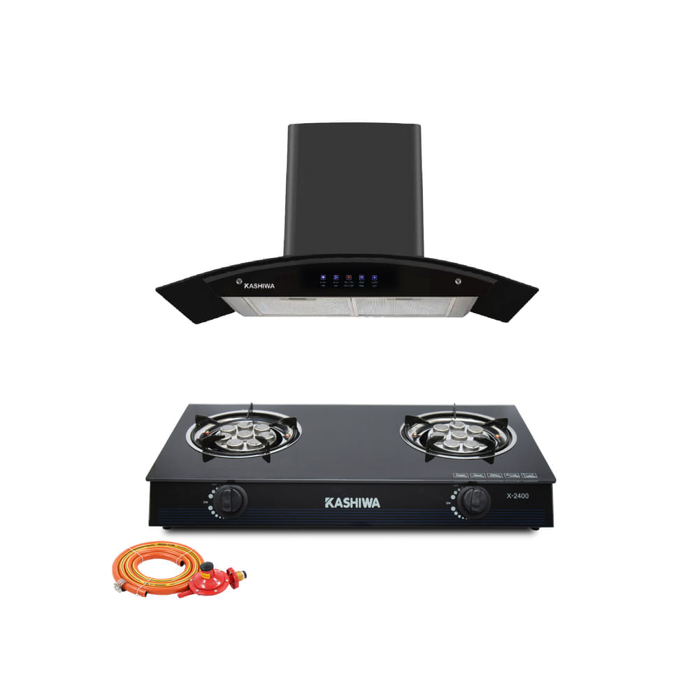 ชุดเซต เครื่องดูดควัน + เตาแก๊ส 2 หัว KASHIWA PSD-309H + X-2400+สายปรับแรงดันต่ำ