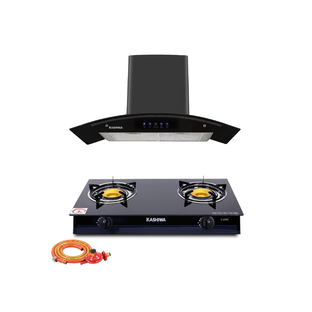 ชุดเซต เครื่องดูดควัน + เตาแก๊ส 2 หัว KASHIWA PSD-309H+ X-2200+สายปรับแรงดันต่ำ