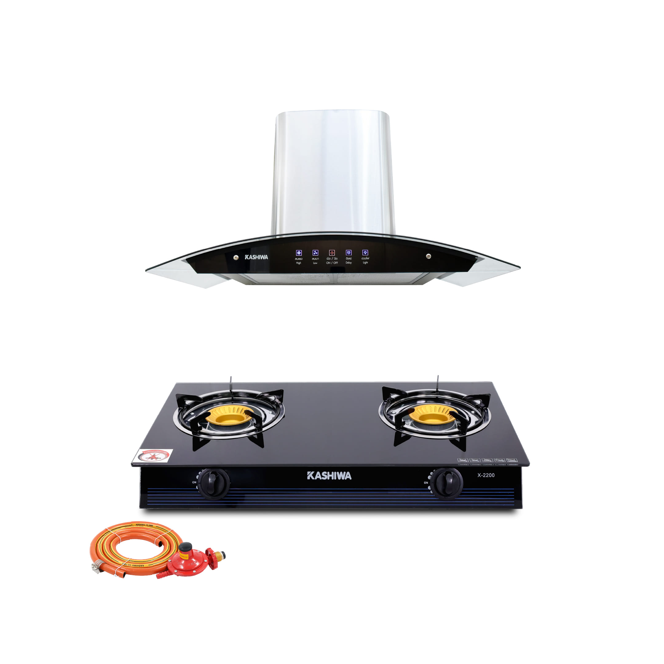 ชุดเซต เครื่องดูดควัน + เตาแก๊ส 2หัว KASHIWA PSD-308H + X-2200 +สายปรับแรงดันต่ำ_0