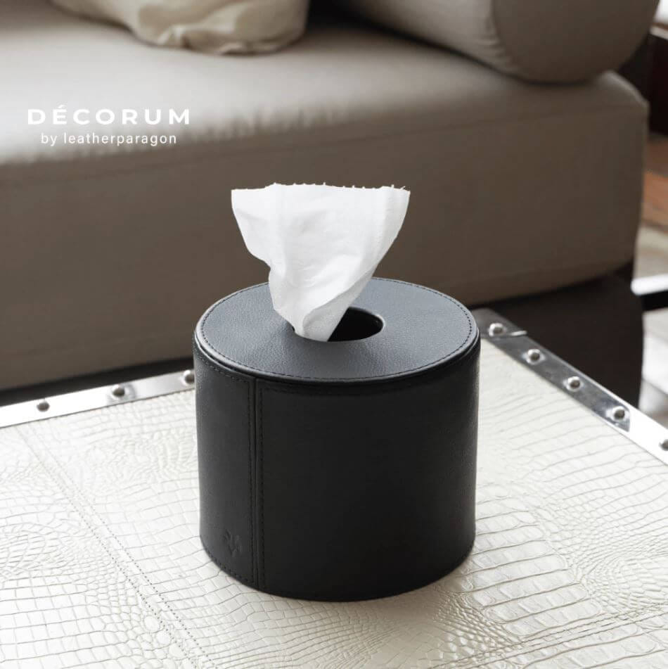 กล่องหนังใส่ทิชชู่กลม Decorum 13x13x14.5 cm สีดำ_1