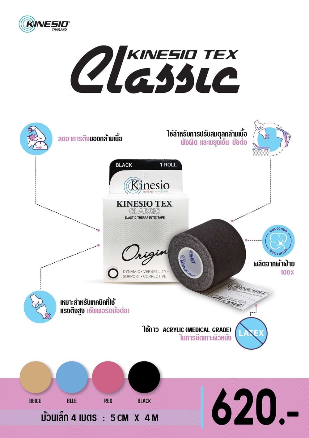 เทปพยุงกล้ามเนื้อ KINESIO TAPE รุ่น CLASSIC สีดำ