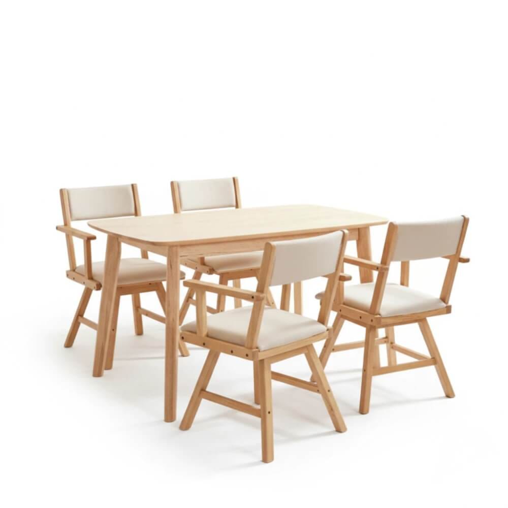 ชุดโต๊ะอาหาร 4 ที่นั่ง EVERGREEN FURNITURE สีไม้ธรรมชาติ  เก้าอี้เบาะหนังสีครีม_0