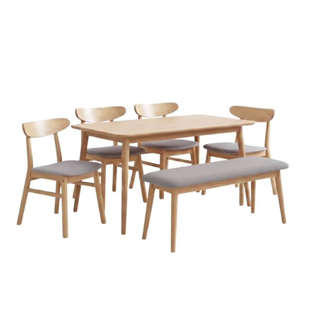 ชุดโต๊ะอาหาร IK+ 6 ที่นั่ง EVERGREEN FURNITURE เบาะผ้าสีเทา สีไม้ธรรมชาติ