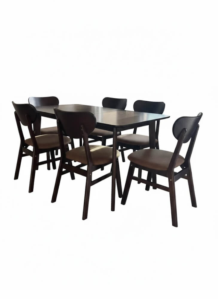 ชุดโต๊ะอาหาร 6 ที่นั่ง EVERGREEN FURNITURE สีวอลนัท เบาะหนังสีน้ำตาล