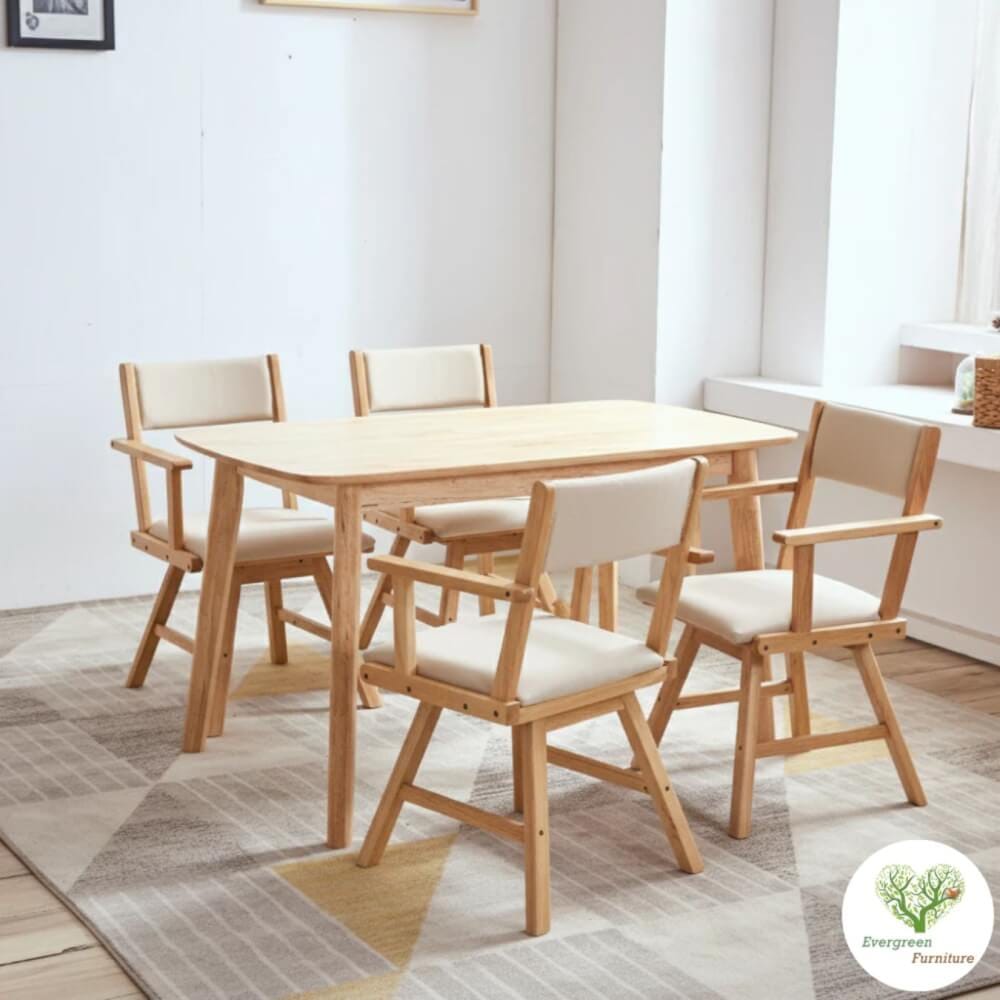 ชุดโต๊ะอาหาร 4 ที่นั่ง EVERGREEN FURNITURE สีไม้ธรรมชาติ  เก้าอี้เบาะหนังสีครีม_4