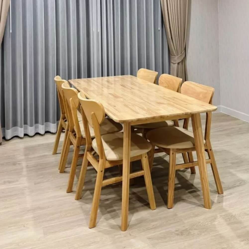 ชุดโต๊ะอาหาร 6 ที่นั่ง EVERGREEN FURNITURE สีไม้ธรรมชาติ  เบาะหนังสีครีม_1