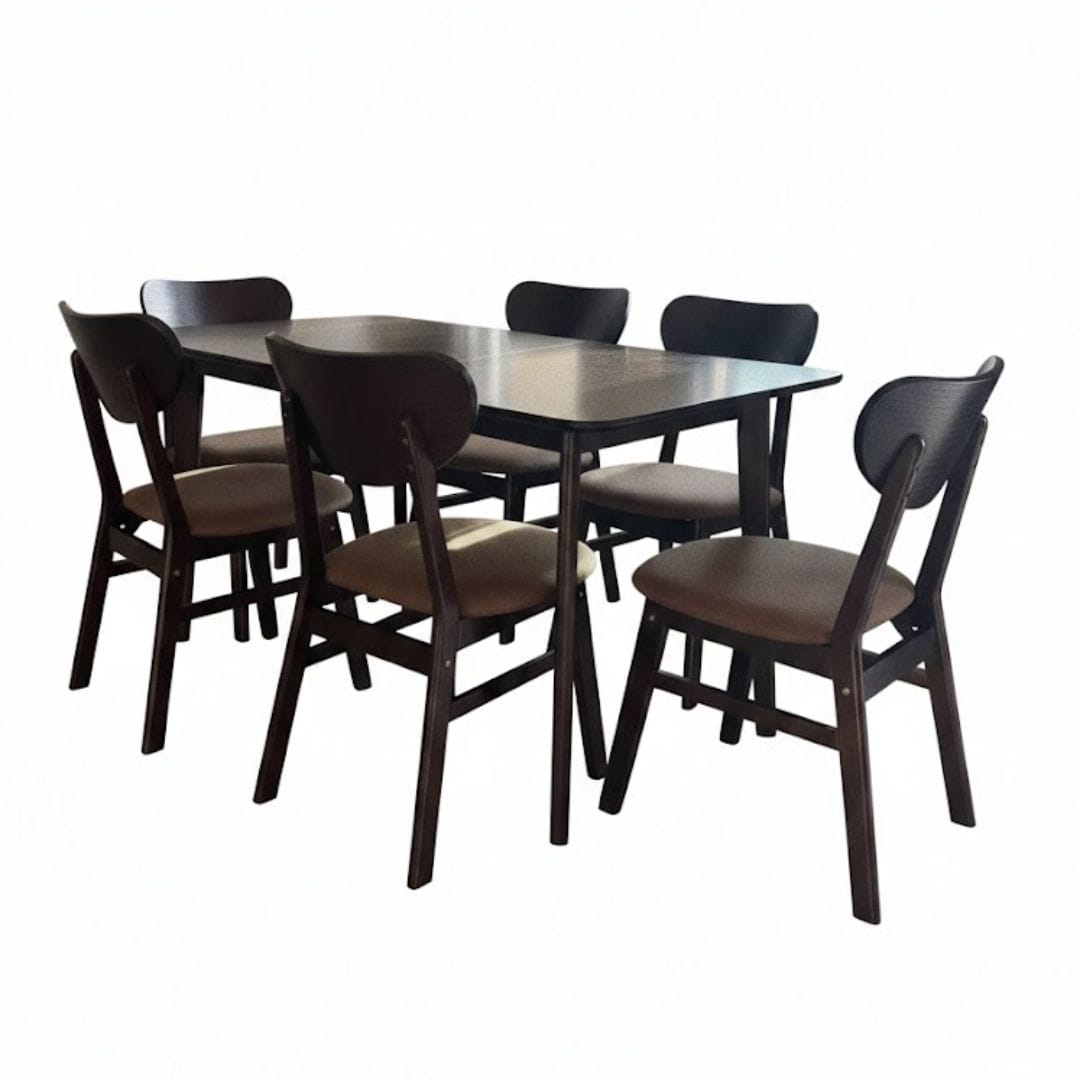 ชุดโต๊ะอาหาร 6 ที่นั่ง EVERGREEN FURNITURE สีวอลนัท เบาะผ้าสีน้ำตาล_0