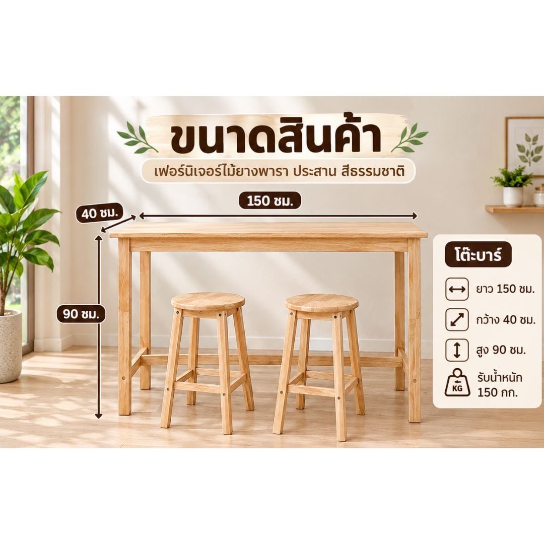 ชุดโต๊ะบาร์ไม้ยางพารา พร้อมเก้าอี้บาร์กลม EVERGREEN FURNITURE TH-1549-N 150 ซม. สีไม้ธรรมชาติ_3