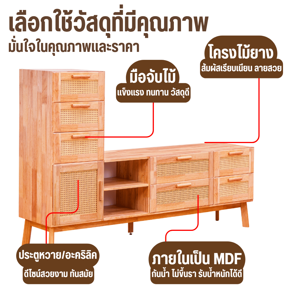 ตู้วางทีวี EVERGREEN FURNITURE รุ่น GL-18-FWR-4-38 ไม้ยางพารา สีไม้ธรรมชาติ_5