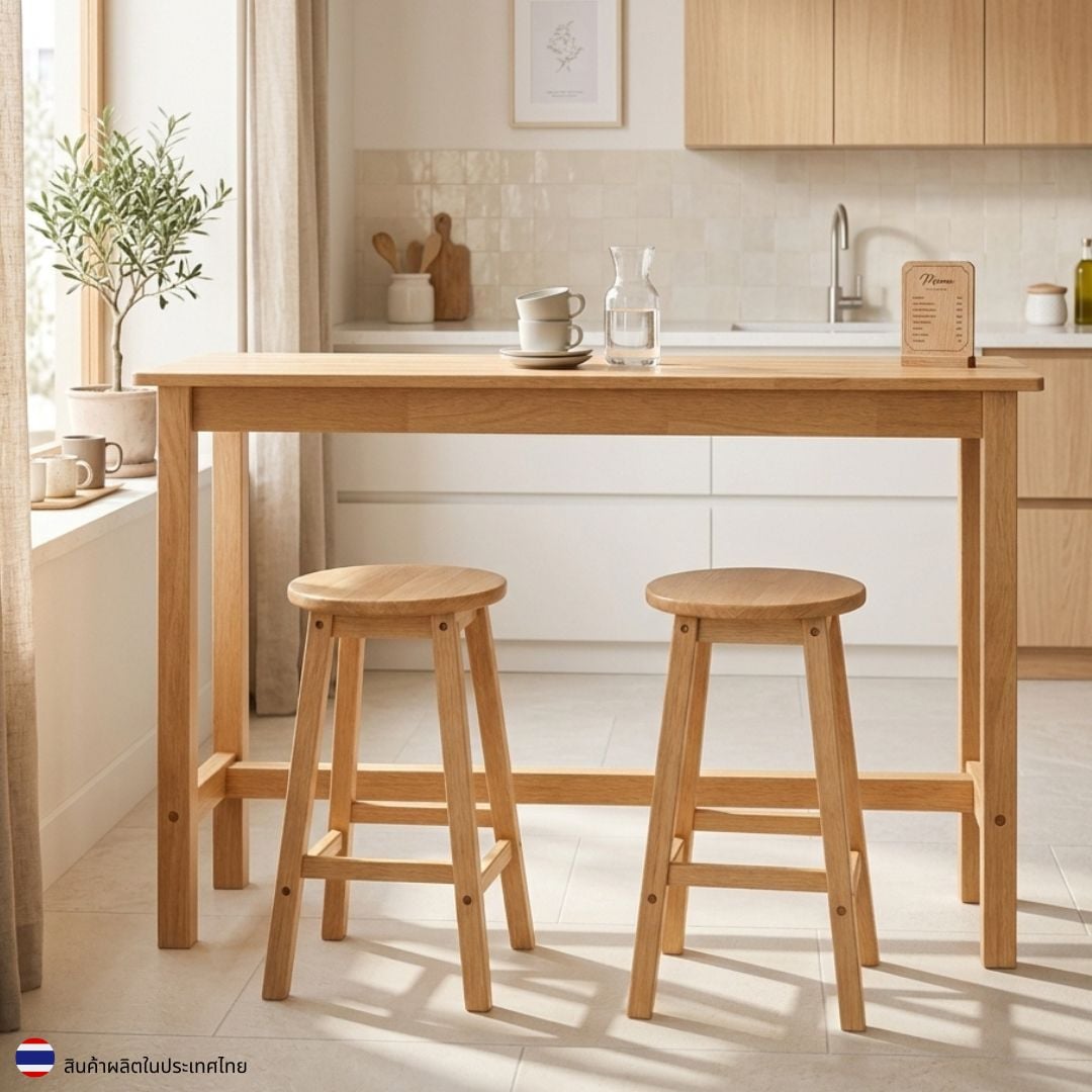 ชุดโต๊ะบาร์ไม้ยางพารา พร้อมเก้าอี้บาร์กลม EVERGREEN FURNITURE TH-1549-N 150 ซม. สีไม้ธรรมชาติ_4