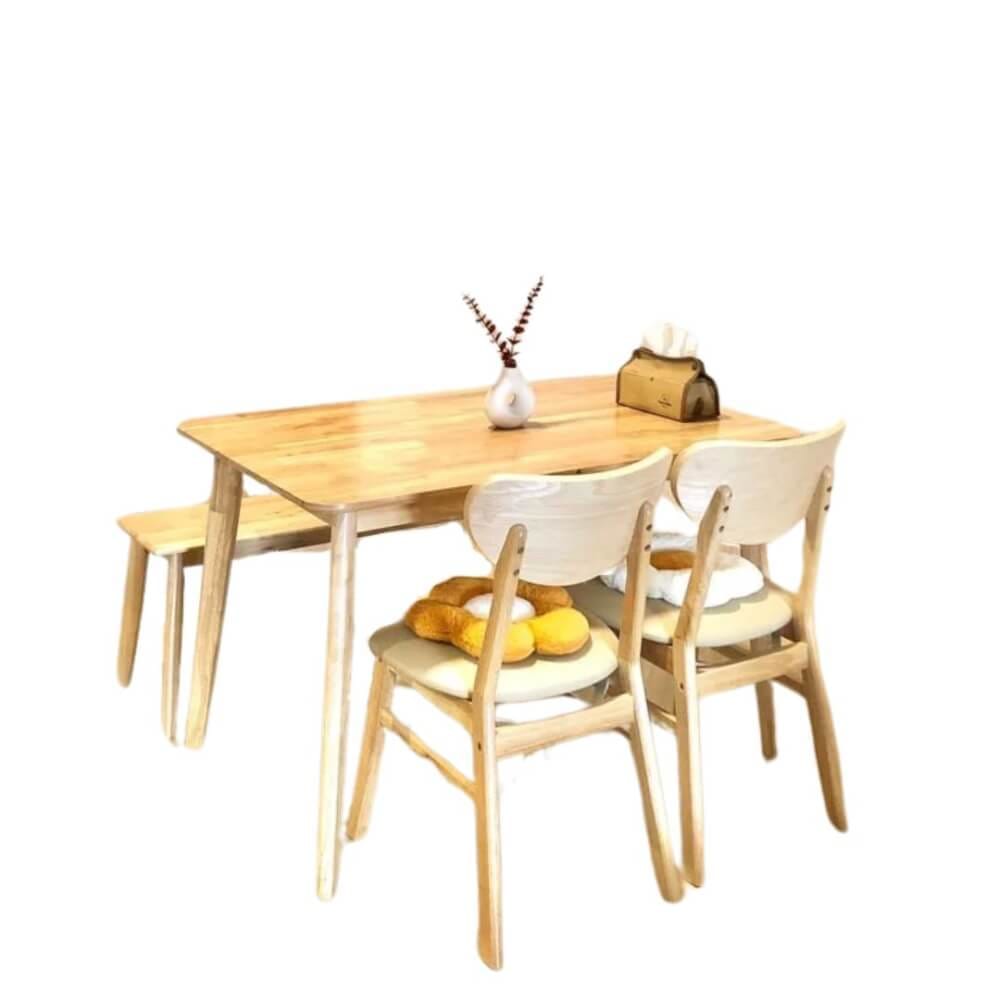 ชุดโต๊ะอาหาร 4 ที่นั่ง EVERGREEN FURNITURE สีไม้ธรรมชาติ เก้าอี้ 2 ตัว เบาะหนังสีครีม + ม้านั่ง 1 ตัว_0