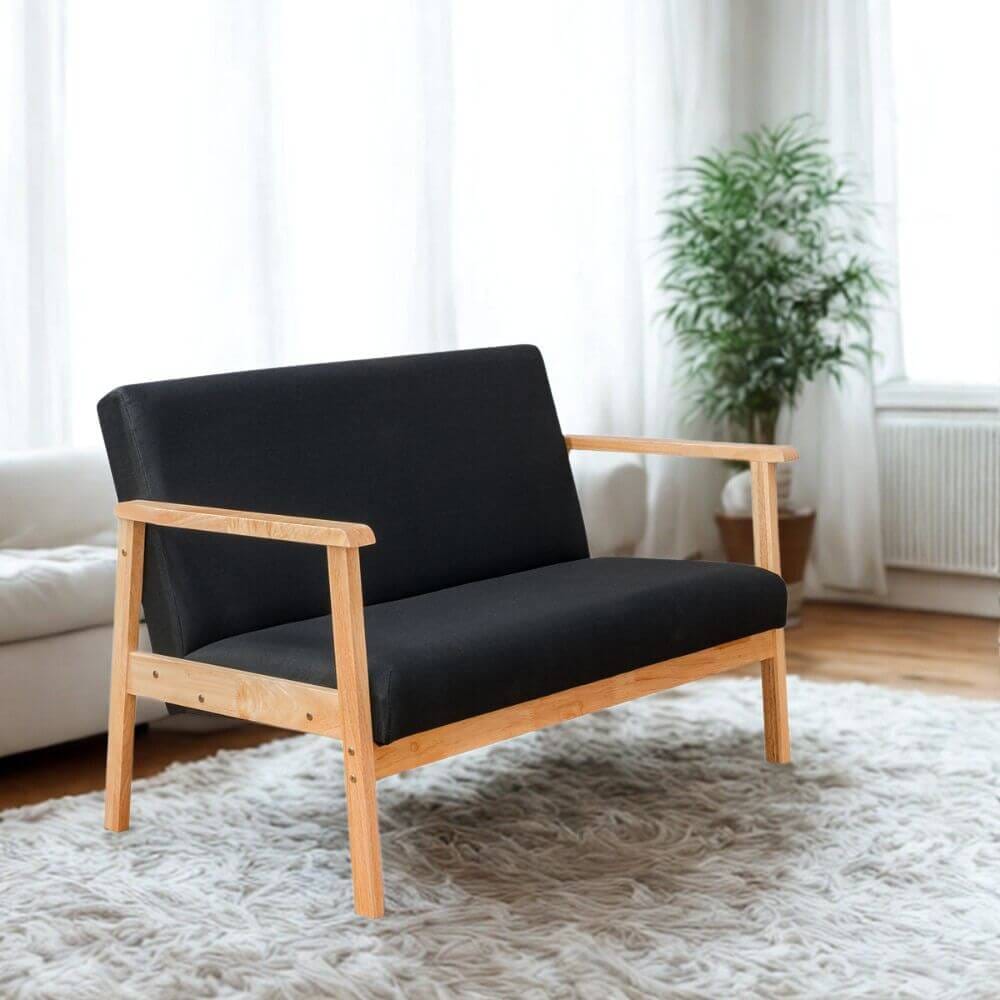 โซฟาไม้ยางพารา 2 ที่นั่ง EVERGREEN FURNITURE S-NC-02 100*62*72 ไม้สีธรรมชาติ เบาะผ้าสีดำ_4