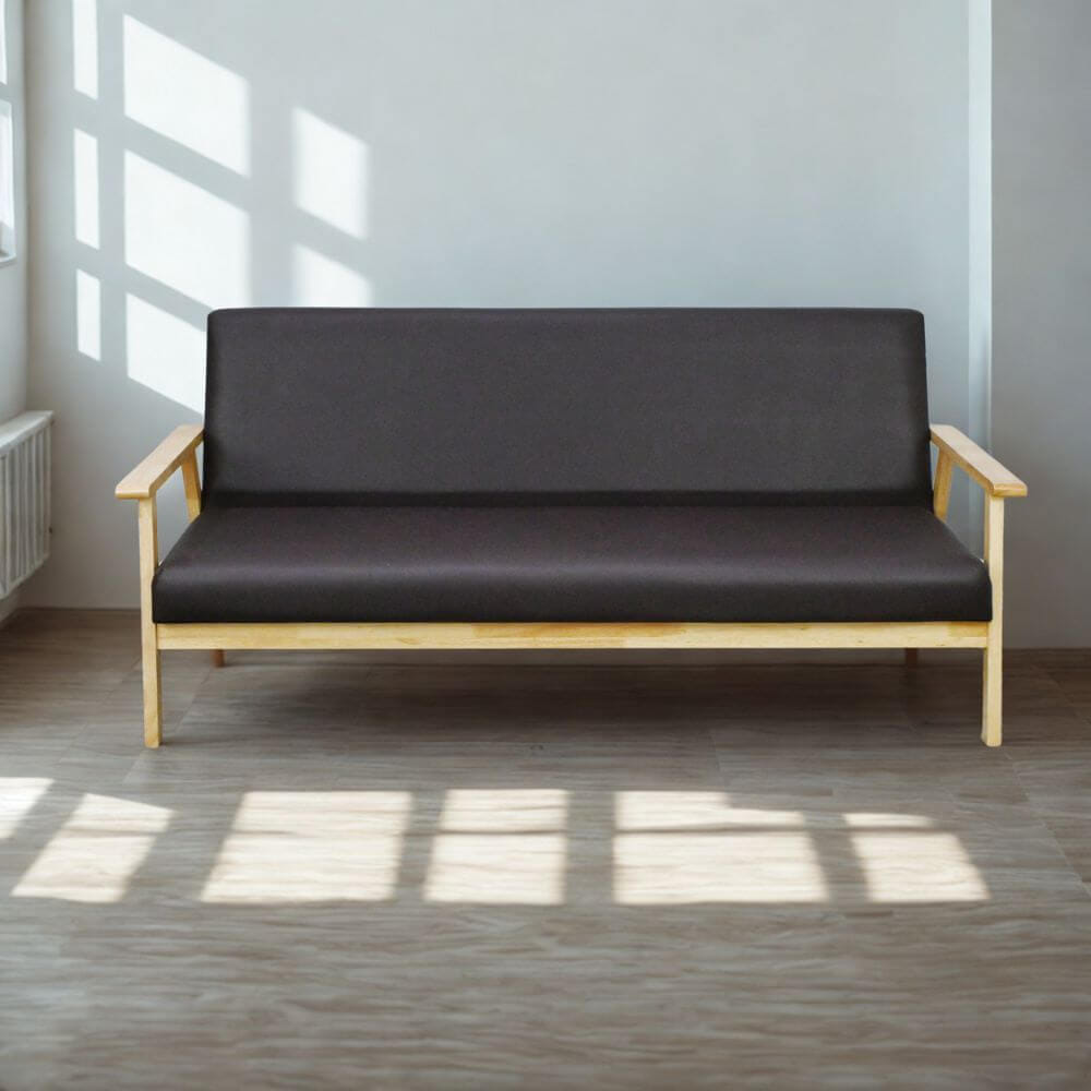 โซฟาไม้ยางพารา 3 ที่นั่ง EVERGREEN FURNITURE S-C-03 150*62*72 ไม้สีธรรมชาติ เบาะหนังสีกรม_5