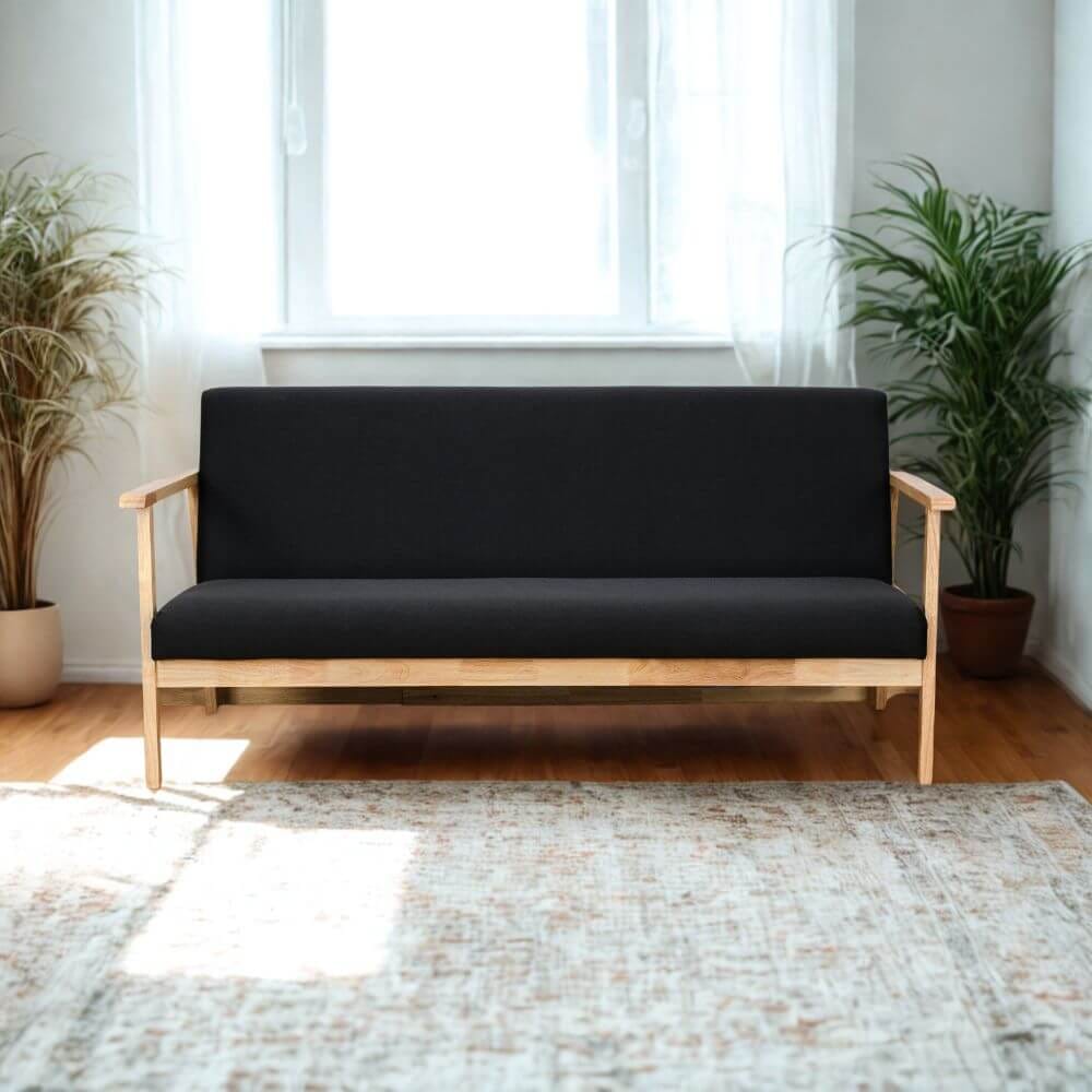 โซฟาไม้ยางพารา 3 ที่นั่ง EVERGREEN FURNITURE S-NC-03 150*62*72 ไม้สีธรรมชาติ เบาะผ้าสีดำ_4