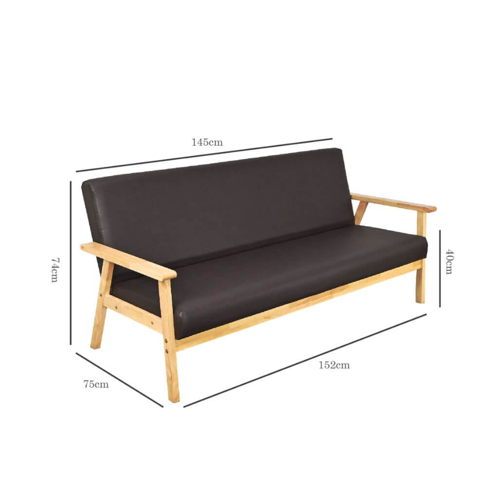 โซฟาไม้ยางพารา 3 ที่นั่ง EVERGREEN FURNITURE S-C-03 150*62*72 ไม้สีธรรมชาติ เบาะหนังสีกรม_3