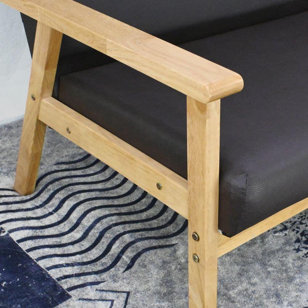 โซฟาไม้ยางพารา 3 ที่นั่ง EVERGREEN FURNITURE S-C-03 150*62*72 ไม้สีธรรมชาติ เบาะหนังสีกรม_4