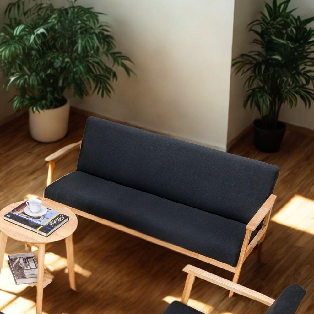 โซฟาไม้ยางพารา 3 ที่นั่ง EVERGREEN FURNITURE S-NC-03 150*62*72 ไม้สีธรรมชาติ เบาะผ้าสีดำ_3